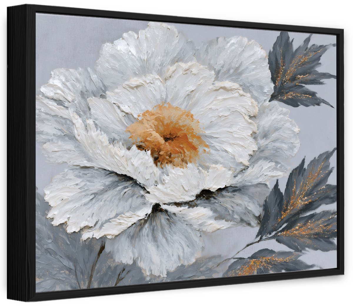 WALLARENA Canvas schilderij met zwarte lijst 40x30 cm - witte pioenroos Grijs