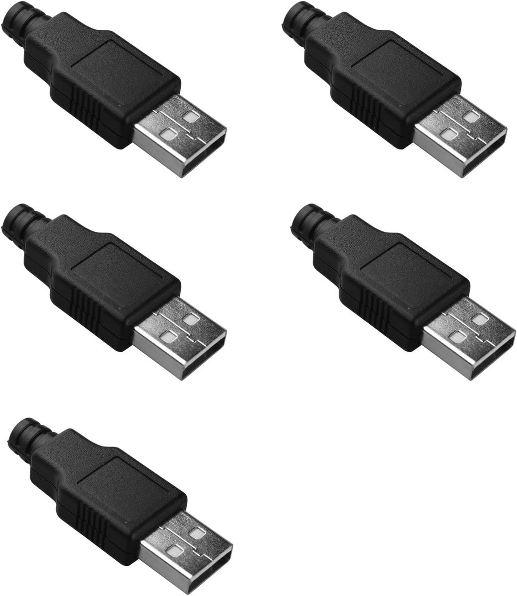 SnelShoppen - USB Type A 4-pins mannelijke stekker met zwarte plastic behuizing, pack van 5, perfect voor doe-het-zelf USB adapters, robuust en lichtg