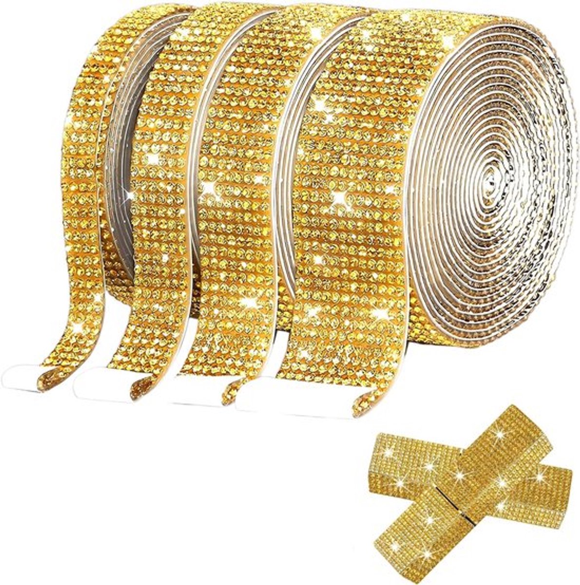 Zelfklevende Strasslint - 4 Rollen Diamant Tape voor DIY Auto Decoratie en Kunstprojecten (Goud)