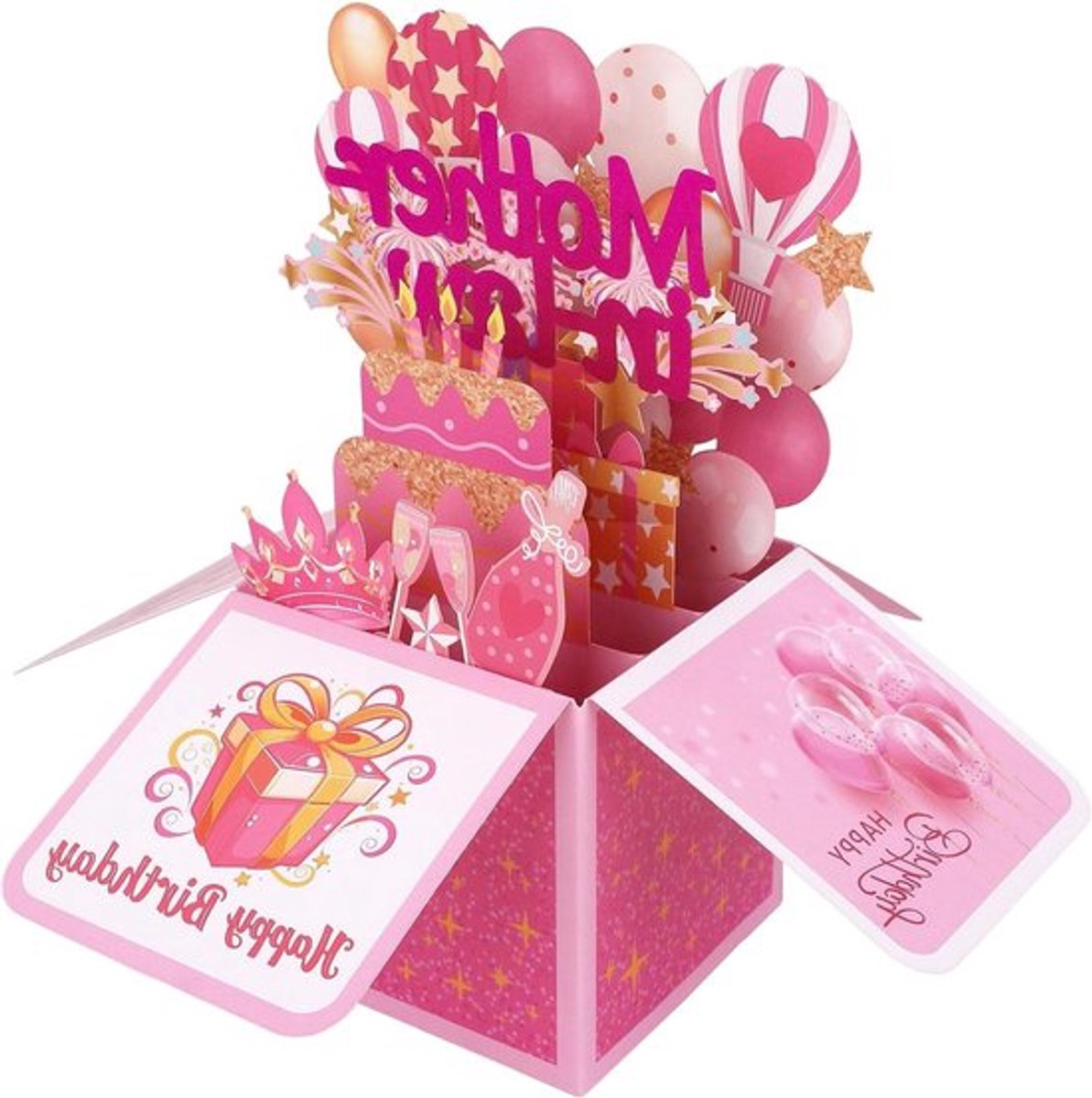 Elegante 3D Verjaardags Wenskaart voor Schoonmoeder met Kleurrijke Taart en Ballonnen, Perfect Cadeau voor Verjaardag en Herinnering met Envelop