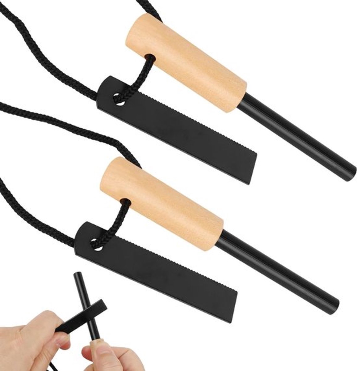 Overlevingsset met 2 Stukken Vuursteen en Houten Handvat - 7 in 1 Vuurstarter voor Buitenactiviteiten en Bushcraft met Sterke Vonk