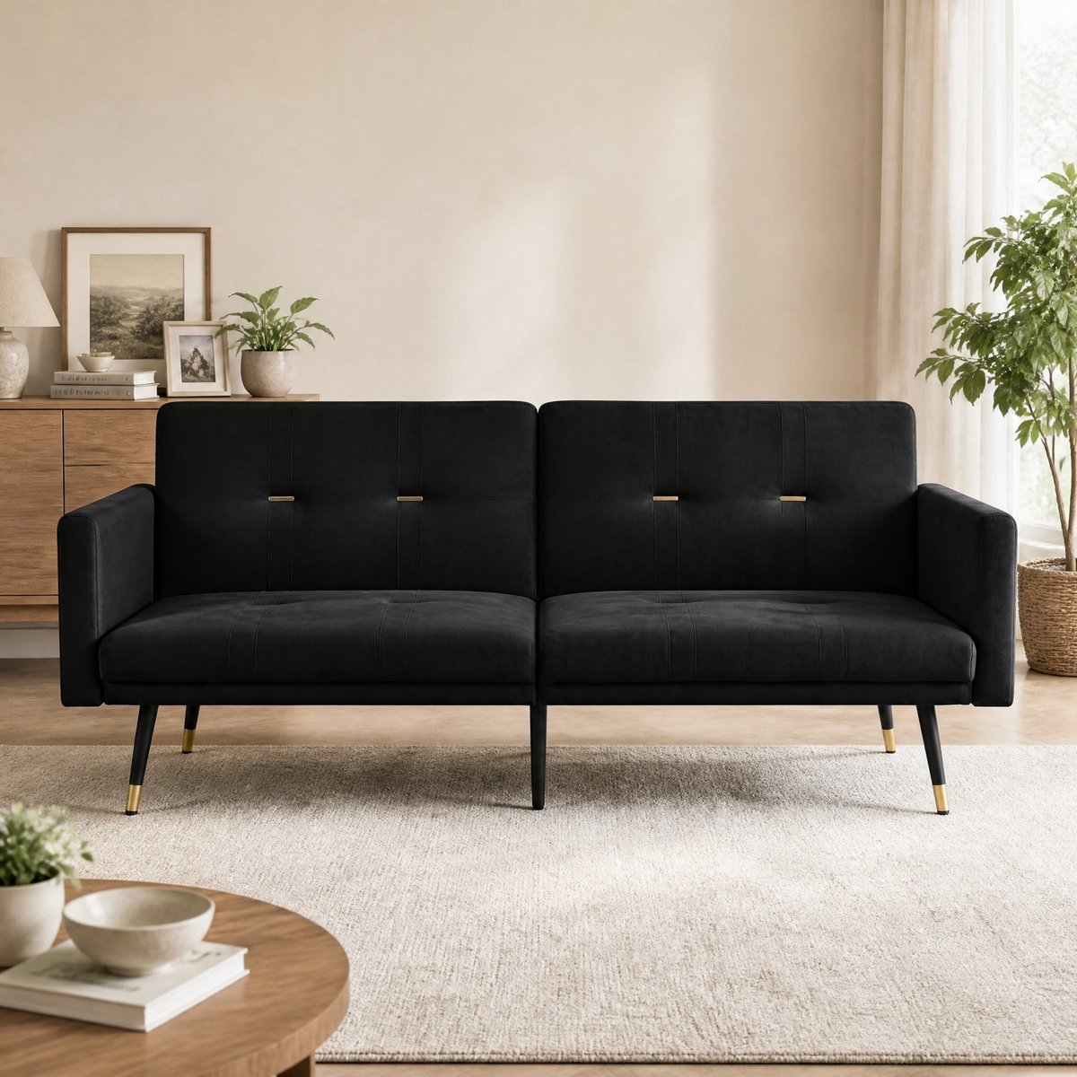 MEUNIQ 2-zits slaapbank met 5 standen, verstelbare rugleuningen, 180° ligstand, zwart fluweel, gastenbed voor woonkamer, slaapkamer of kantoor