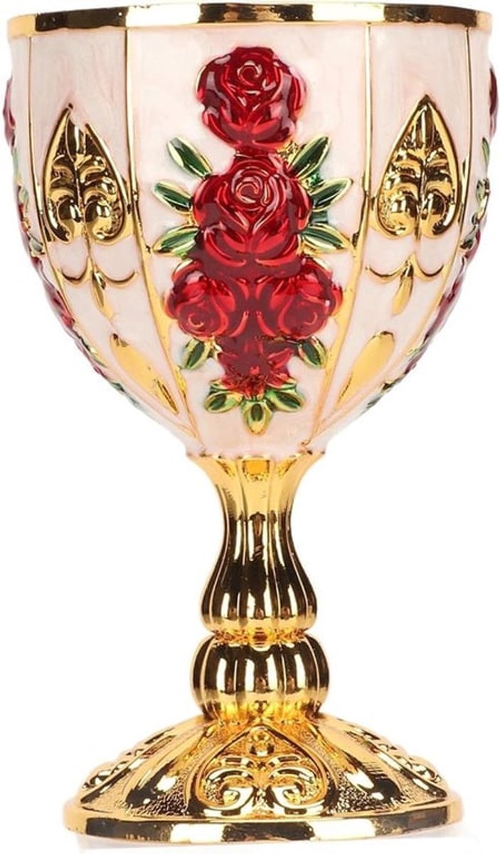 Vintage Wijnbeker van Zinklegering, 10 cm Hoog, Retro Gegraveerd Bloemmotief, Elegante Goblet voor Feestjes en Cadeaus, Rood en Goud