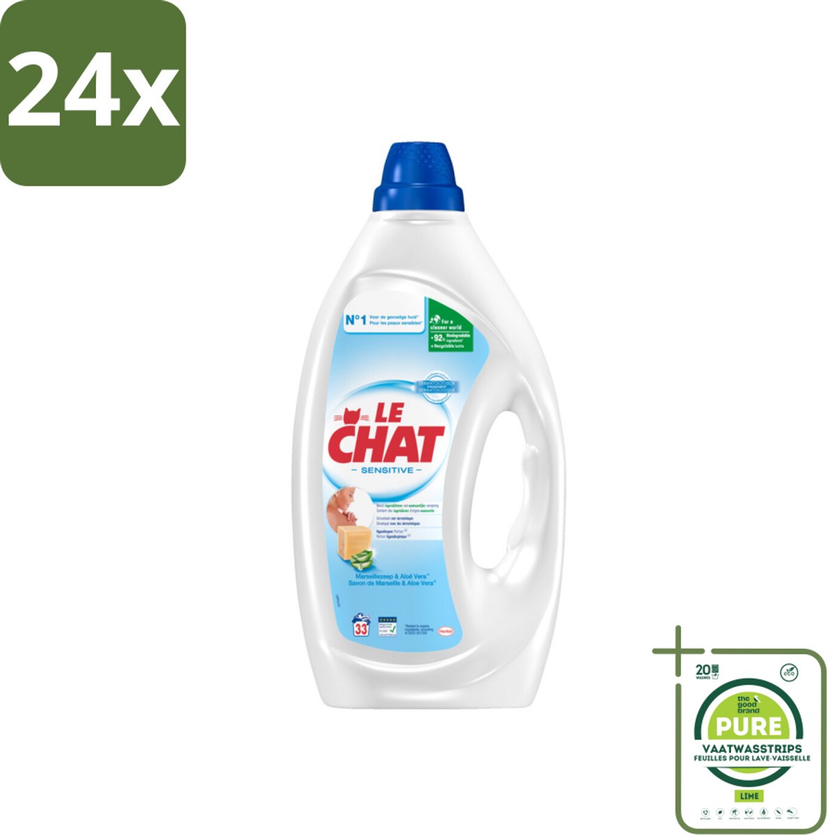 Le Chat – Vloeibaar Wasmiddel – Sensitive – 1,485 L - Voordeelverpakking - 24 stuks - Gevoelige huid - Hypoallergen