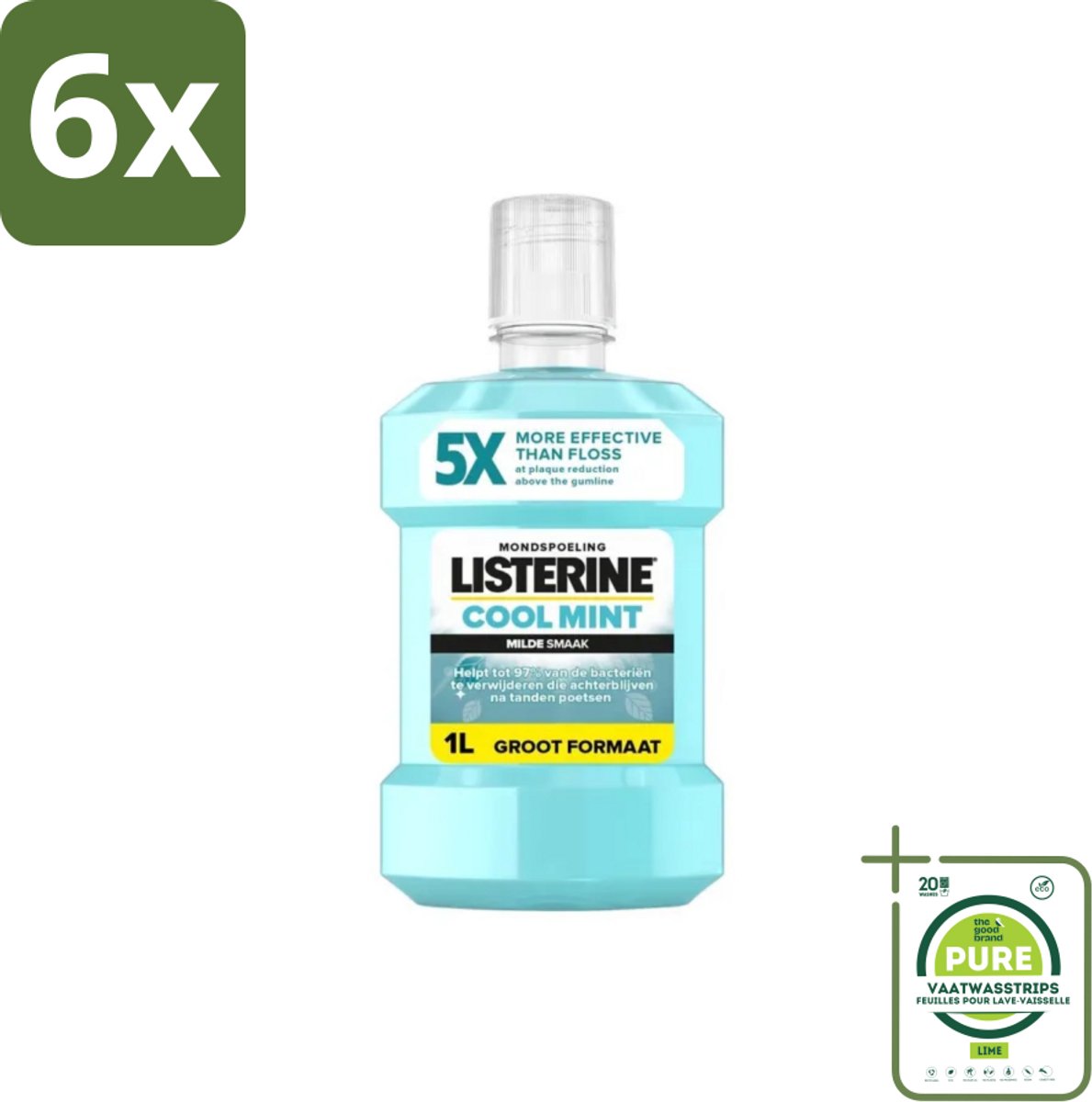 Listerine – Mondwater – Cool Mint – Milde smaak zonder alcohol – 1 liter - Voordeelverpakking - 6 stuks - Mondspoeling - Mondhygiëne