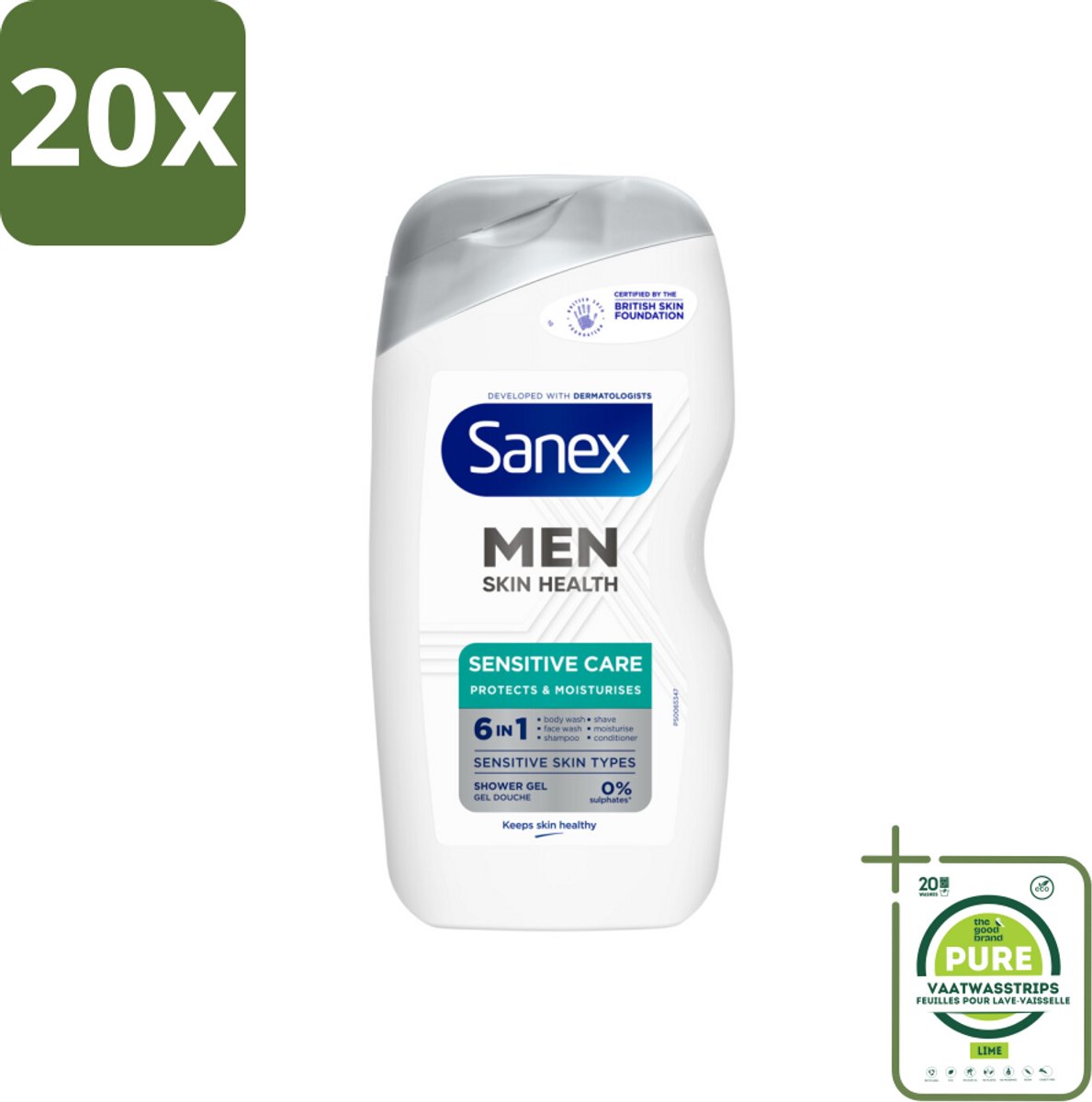 20 x Sanex – Douchegel – Men Sensitive – 400 ml - Grootverpakking - Gevoelige Mannenhuid - Douchegel - Scheergel - Lichaamsschoonheid - Gezichtsverzorging