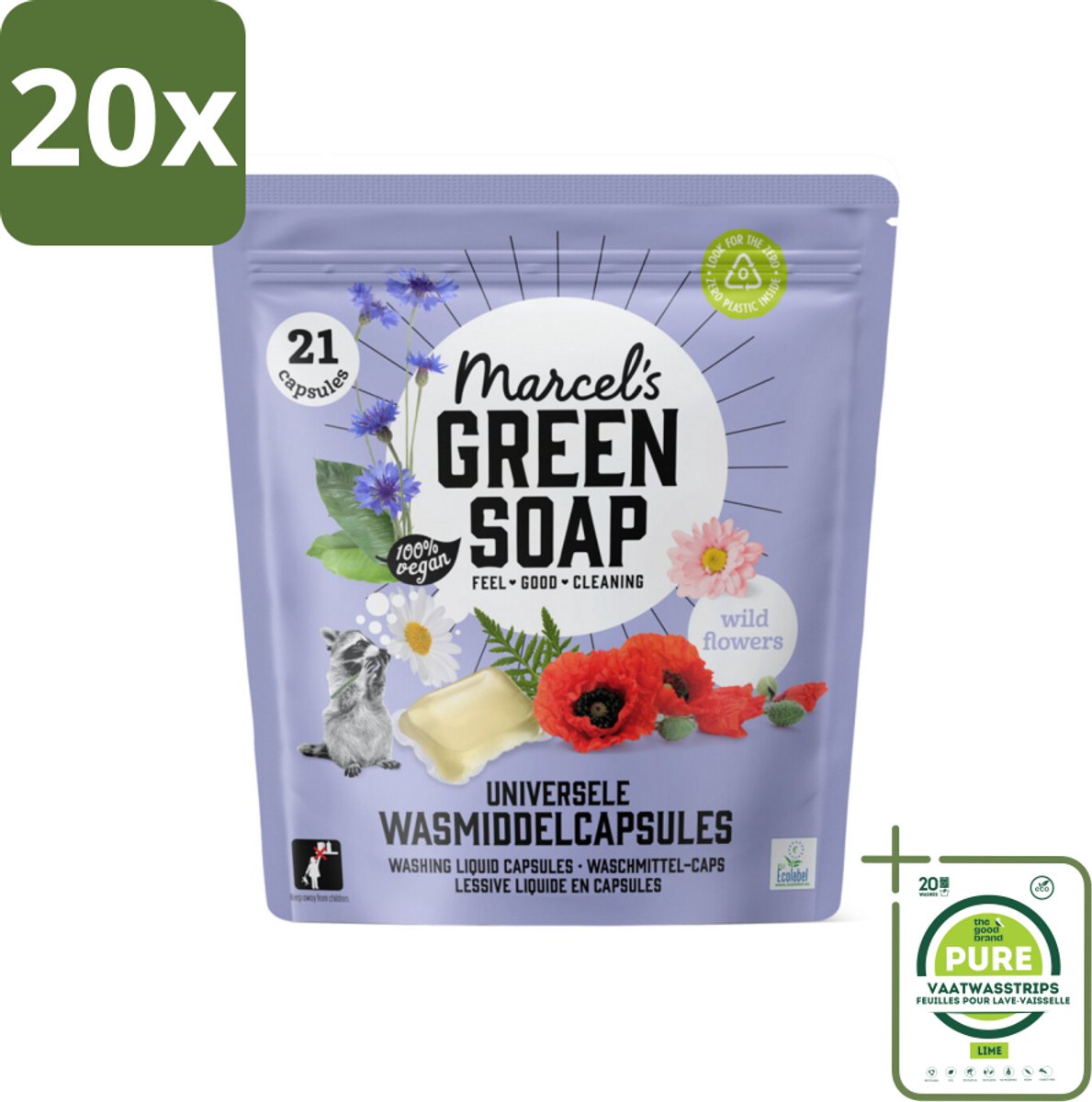 20 x Marcel's Green Soap - Wascapsules - Wilde Bloemen - Gemak in één dosis - 21 Capsules - Grootverpakking - Wascapsules - Biologische Was - Wasmiddel Capsules - Milieuvriendelijke Was - Wasmiddel
