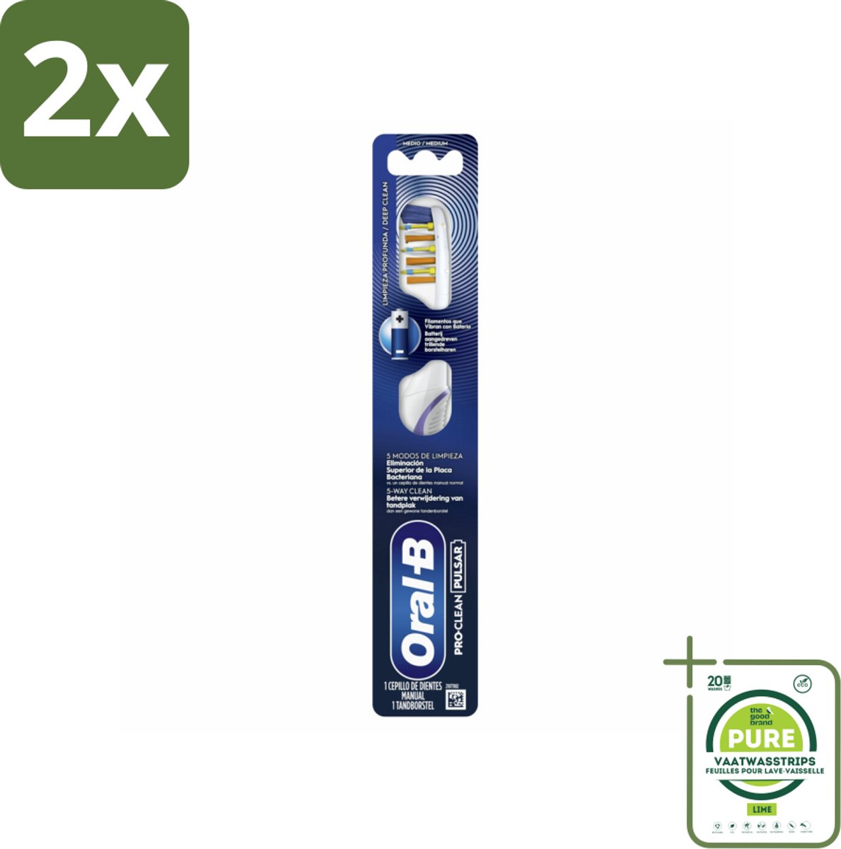 Oral-B - Pro-Clean Pulsar – Tandenborstel – Medium – Manueel - Voordeelverpakking - 2 stuks - Tandenborstel - Tandenborstel batterij