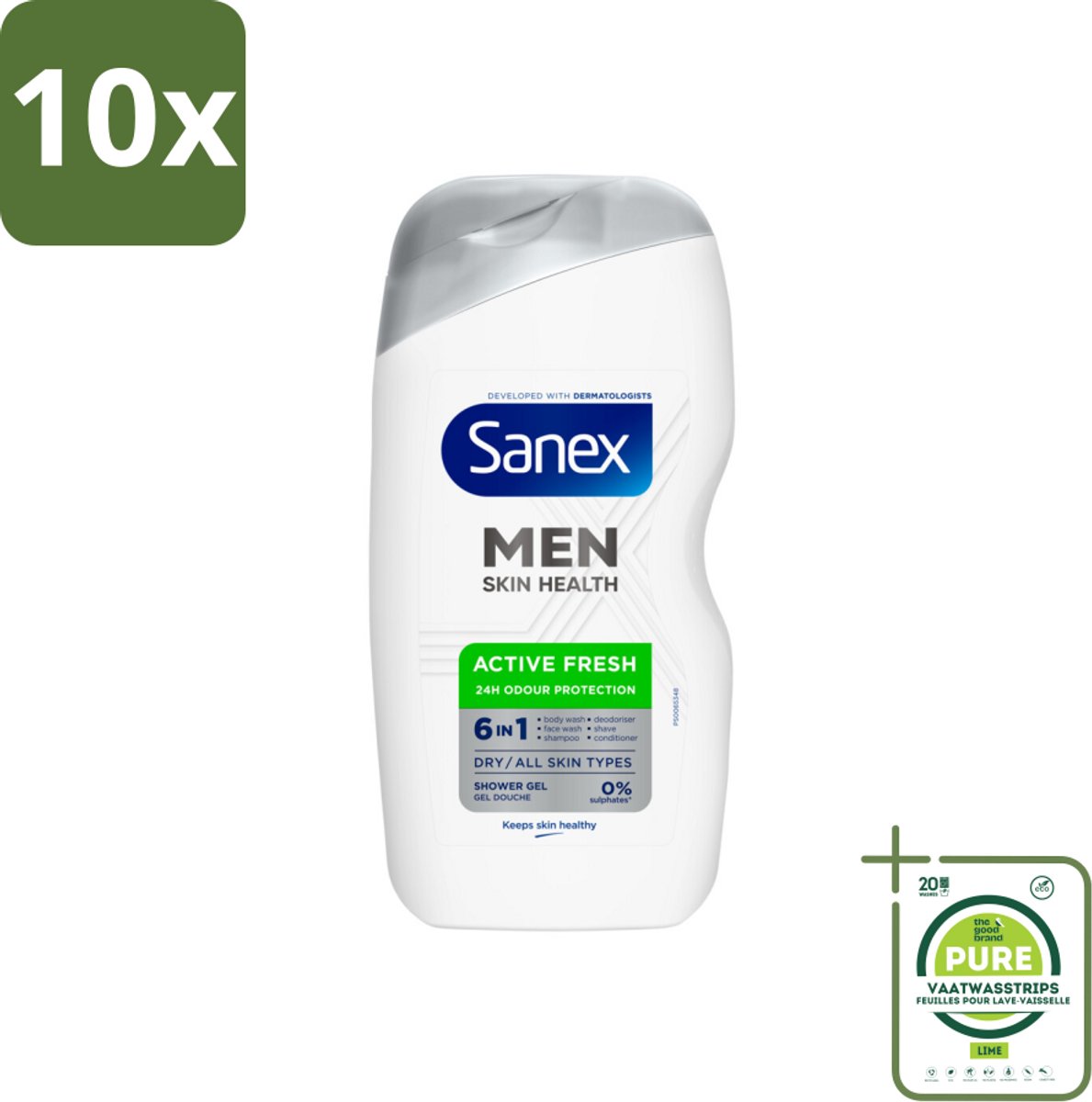 10 x Sanex – Douchegel – Men Active Fresh – 400 ml - Grootverpakking - Douchegel Voor Mannen - Frisheid - Geurcontrole - Huidverzorging - Scheergel