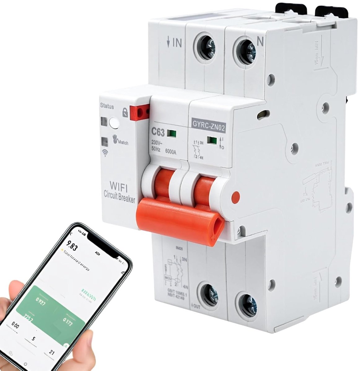 SnelShoppen - Tuya WiFi Slimme Circuitonderbreker 2P 63A met Overspannings- en Overbelastingsbeveiliging, LED Indicator, Smart Life App Besturing
