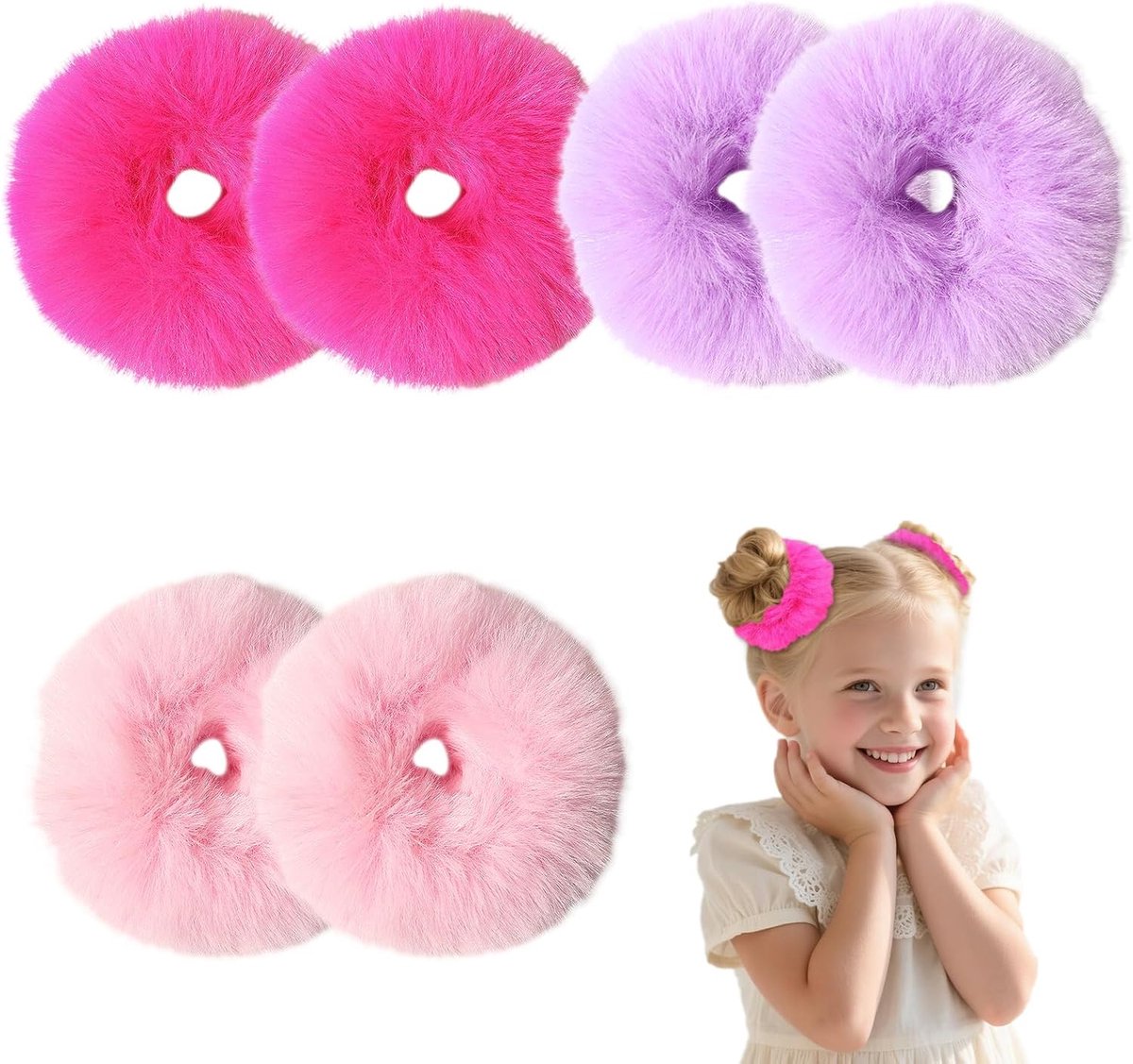 SnelShoppen - Set van 6 Fluffy Pluche Haar Scrunchies voor Meisjes en Vrouwen, Elastische Haarbanden, Pompom Haaraccessoires voor Feest, Cosplay en Fe