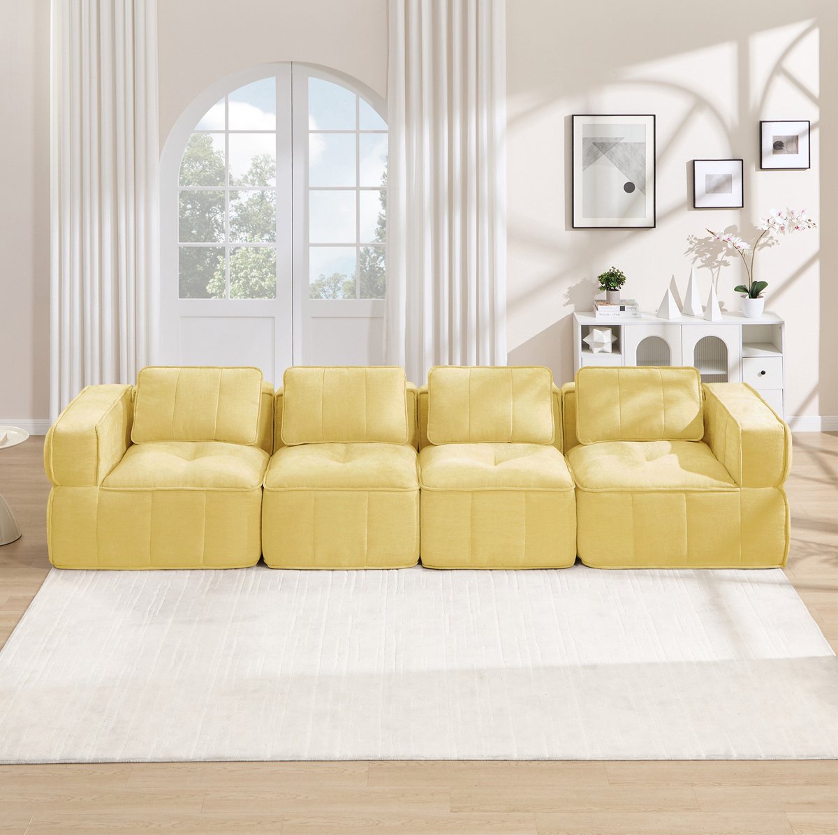 FloraGrace Zitbank 4-Zits Modulaire Bank Met 32D-Hoogdichtheidsschuim, Zachte Polyester Bekleding En Antislip Basis Voor Woonkamer, Geel
