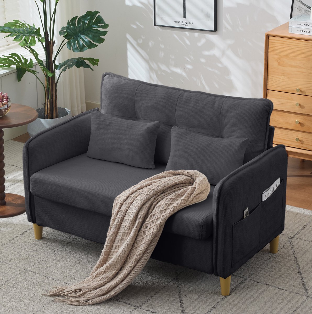 MEUNIQ 2-zits bank 127 cm donkergrijs met armleuningen, zijvakken, chenille bekleding en houten frame voor woonkamer, kantoor of studeerkamer