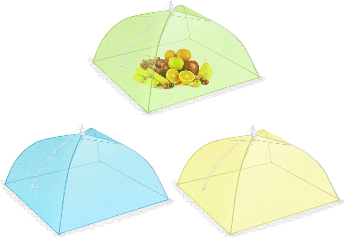 SnelShoppen - 3 Stuks Voedselbedekkingen Mesh Netten Tenten Vouwbare Paraplu Pop-Up Kleurige Mesh Voedselnet Covers, 32x32 cm Beschermers voor Voedsel