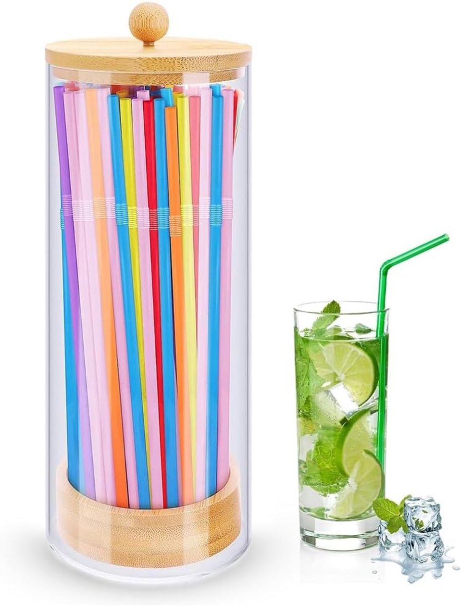 Straw Holder for Counter, Straw Dispenser with Bamboo Lid for Commercial Straws, Straw Organizer - ShopVlot