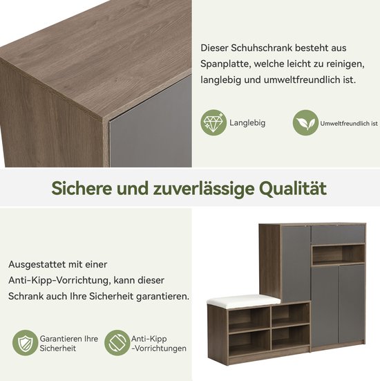 FloraGrace Schoenenkast En Schoenenbank - Met Zachte Zitting En Verstelbare Planken - Voor Hal En Entree - Grijs - 140x35x110 Cm — afbeelding 3