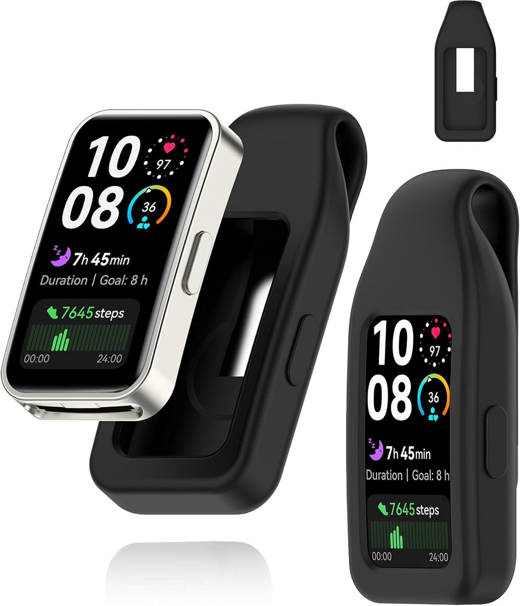 SnelShoppen - Silicone Beschermhoes voor Huawei Band 10/Band 9, Draagbare Clip Design, Perfecte Pasvorm, Anti-val en Krassenbestendig, Zwart, Wasbaar