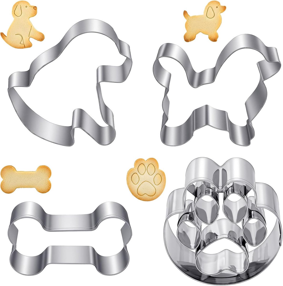 SnelShoppen - 4-delige hondenkoekjes uitstekerset, schattige honden- en botvormen, roestvrijstalen koekjesuitstekers voor cake decoratie, bakken en fe