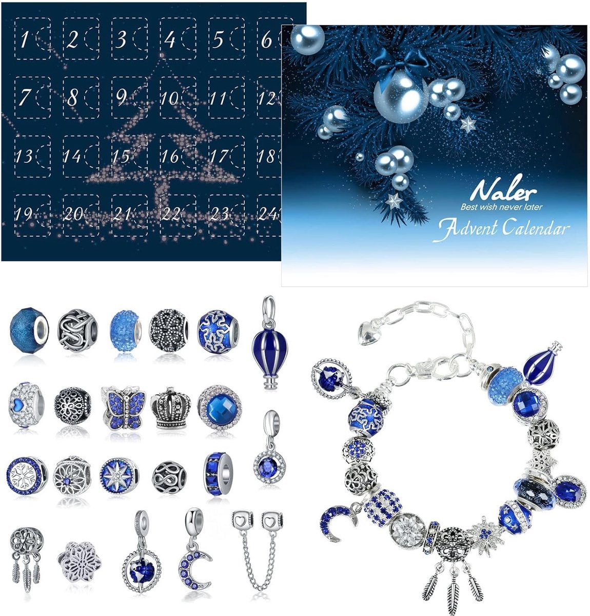 24-delige Adventskalender met Hangers en Armband voor Sieraden - Glazen Kralen en Kettingen voor Kerstmis