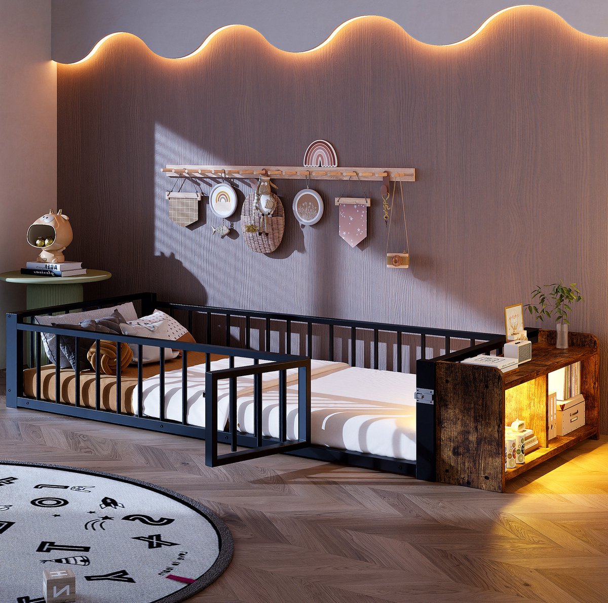 REDOM- Kinderbed - Met beschermingshek - Open opbergruimte - LED-verlichting - Minimalistische stijl - Kinderslaapkamer - MDF en metaal - Zwart - 90 x 200 cm