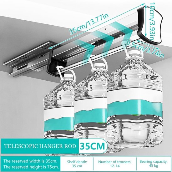Verstelbare Kledingstang met Kussens, Uittrekbare Garderobe Rail voor Ruimtebesparing, Zachte Sluiting Kledinghanger in Zwart (35 cm) — afbeelding 5
