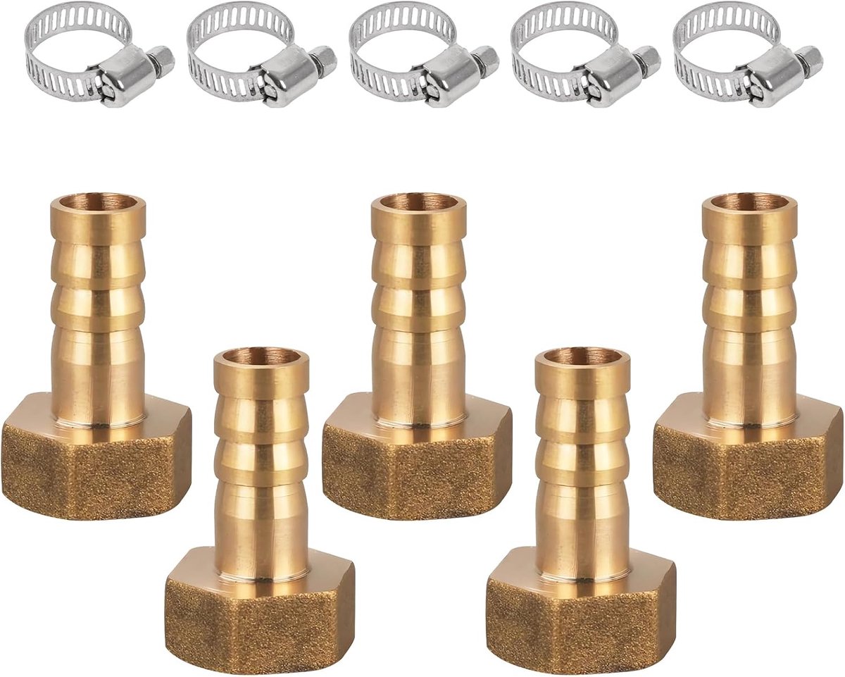 SnelShoppen - 5 Stuks Messing Slangverbinder 3/8 Inch, 10mm Barb x G 3/8 Inch Female Draad Adapter met 5 Slangklemmen voor Lucht-, Gas-, Water- en Bra