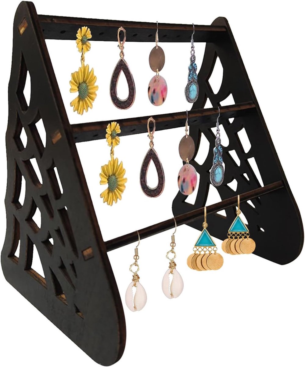SnelShoppen - Mini Sieradenopbergdoos voor Houten Oorbellen Hanger Spider Web Earring Holder 36 Compartimenten voor Dames Meisjes Zwart
