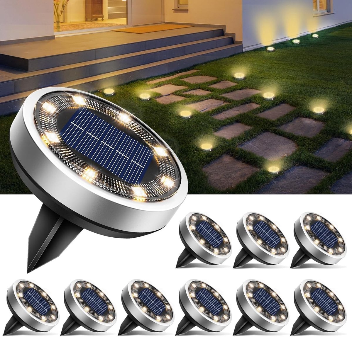 Set van 10 Solar Tuinverlichting met 8 LED's - Waterdichte Buitenverlichting voor Tuin, Oprit en Terras in Warm Wit