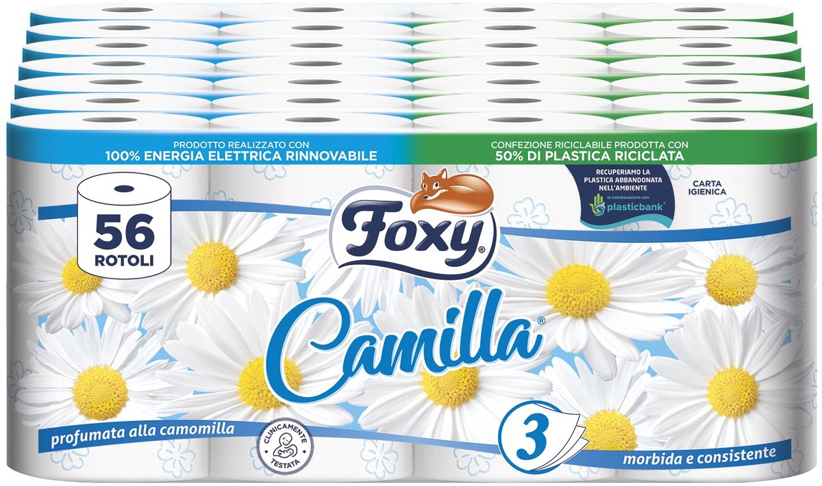 SnelShoppen - Foxy Camilla Toiletpapier 3-laags met Kamillegeur, 56 Rollen, 160 Vellen per Rol, 100% PEFC-gecertificeerd en 100% Recyclebaar
