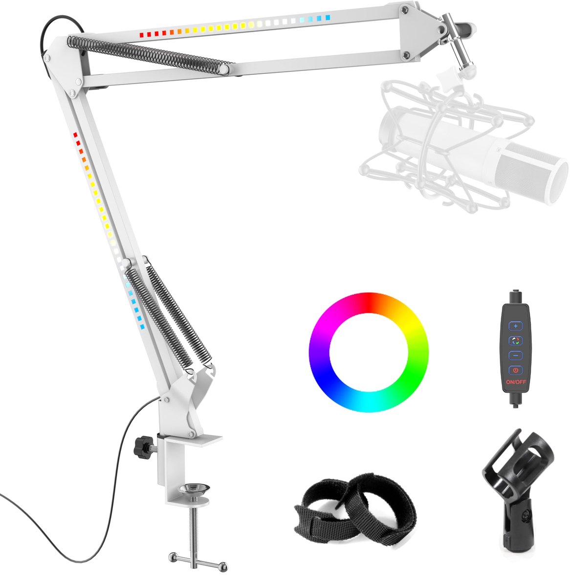 SnelShoppen - SIMPLURFI RGB Giekarm, Verstelbare Microfoonstandaard met Bureaumontageklem en Microfoonclip, Compatibel met Diverse Microfoons, Wit
