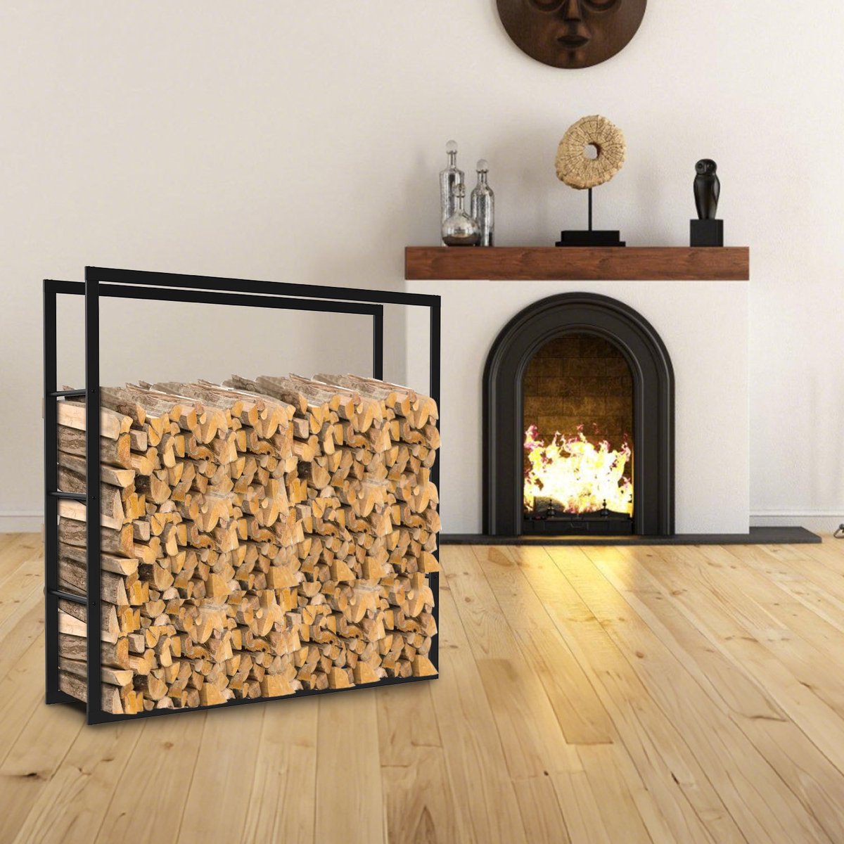 Brandhoutrek haardhoutrek van zwart metaal, 100 x 100 x 25 cm, draagvermogen 150 kg, geventileerde houtopslag met antislipvoeten