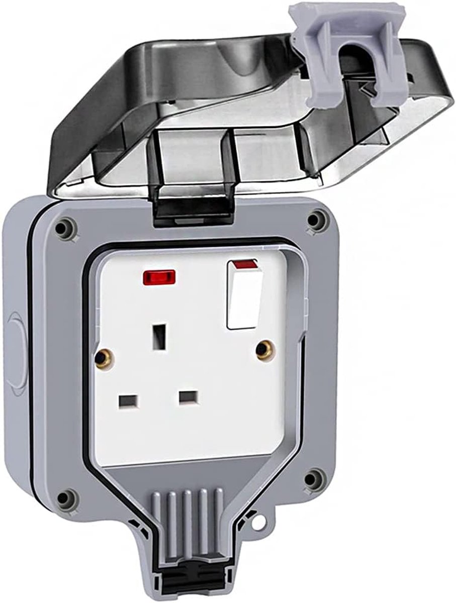 SnelShoppen - Enkel Buitenstopcontact Waterdicht, Wandcontactdoos IP66 13Amp 1 Groep Schakelaar, Weerbestendig Buitenstroomcontact voor Tuin, Camping