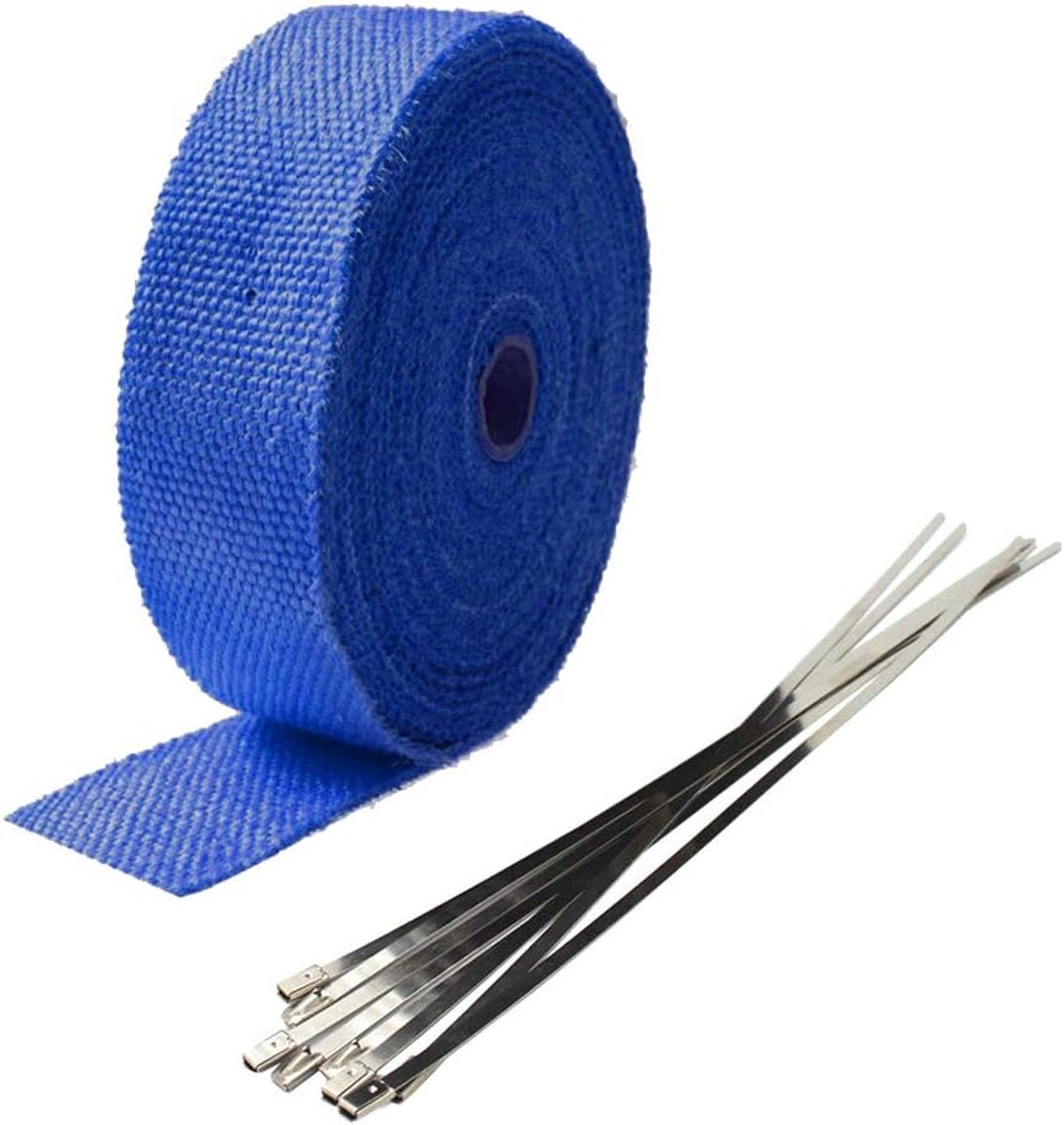 SnelShoppen - 5cm x 10m Glasvezel Blauwe Motorrubber Thermische Bandenuitlaat Tape met 6 Rvs Kabelbinders voor Warmtebescherming en Isolatie