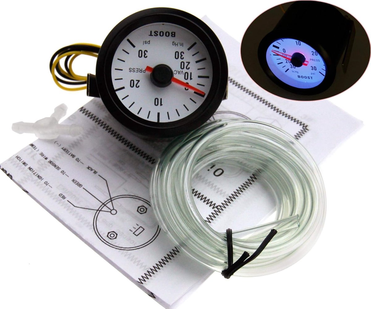 Turbo Boost Gauge met 52mm PSI wijzerplaat en blauw LED-lichtdisplay + 172cm slang voor auto's