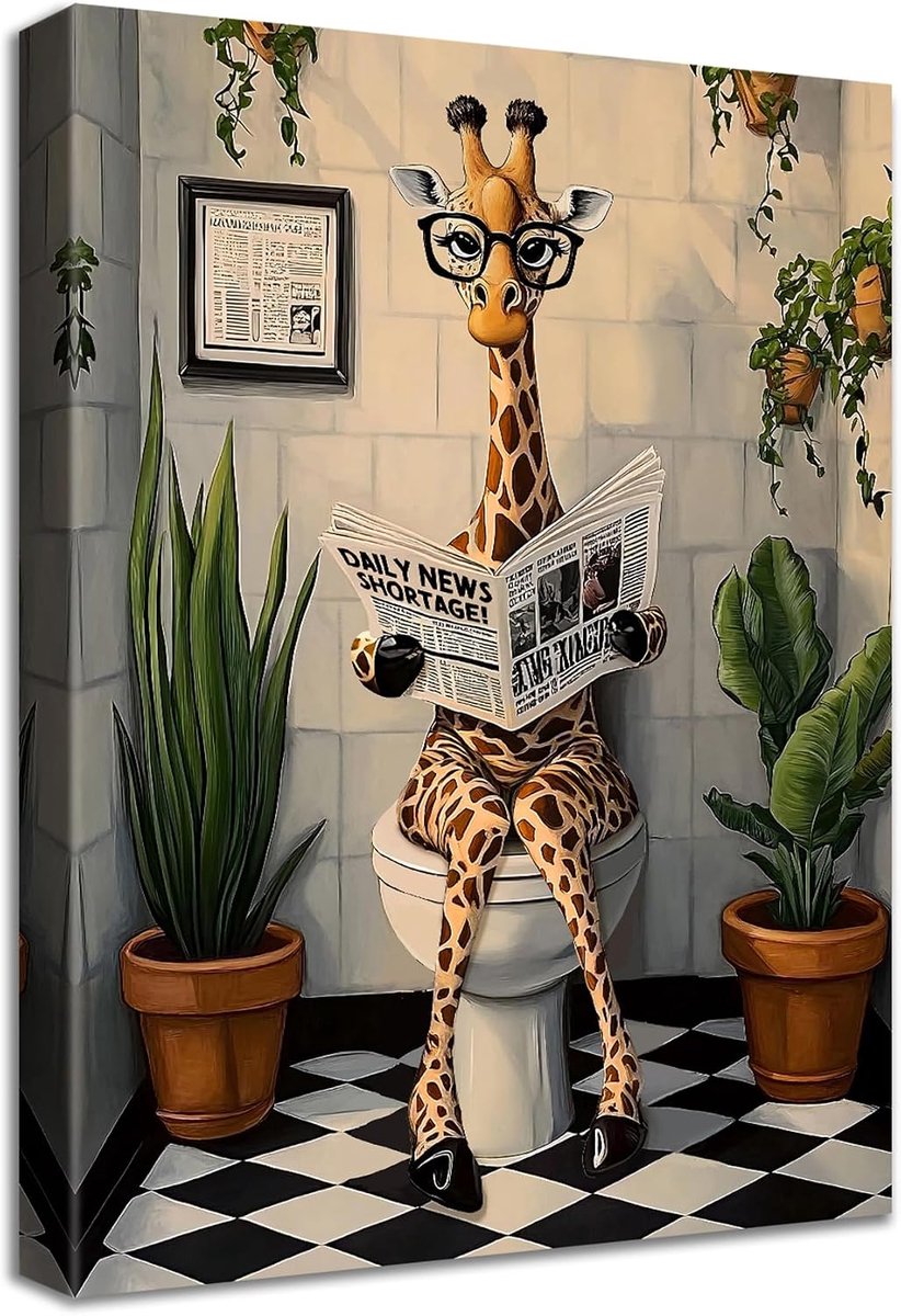 Canvasprint giraffe 30 x 40 cm - houten lijst - grappige giraffe op toilet - unieke wanddecoratie voor badkamer - ShopVlot