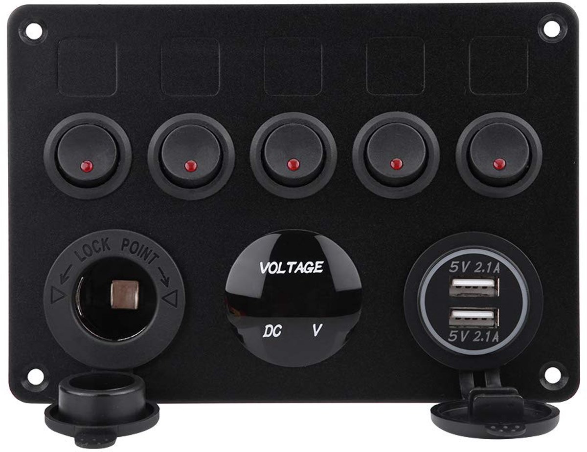 SnelShoppen - Fydun Toggle Switch Paneel 12-24V 5 Gang On/Off Schakelaar Paneel met Doppio Voltmetro en USB voor Auto, Boot, Truck (Rood)