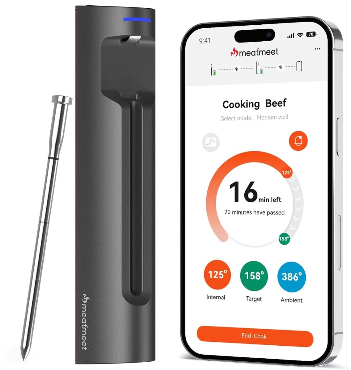 Vlees thermometer - RVS - 128,4 mm - Draadloos met Bluetooth en 6 Temperatuursensoren - Voor Kookliefhebbers