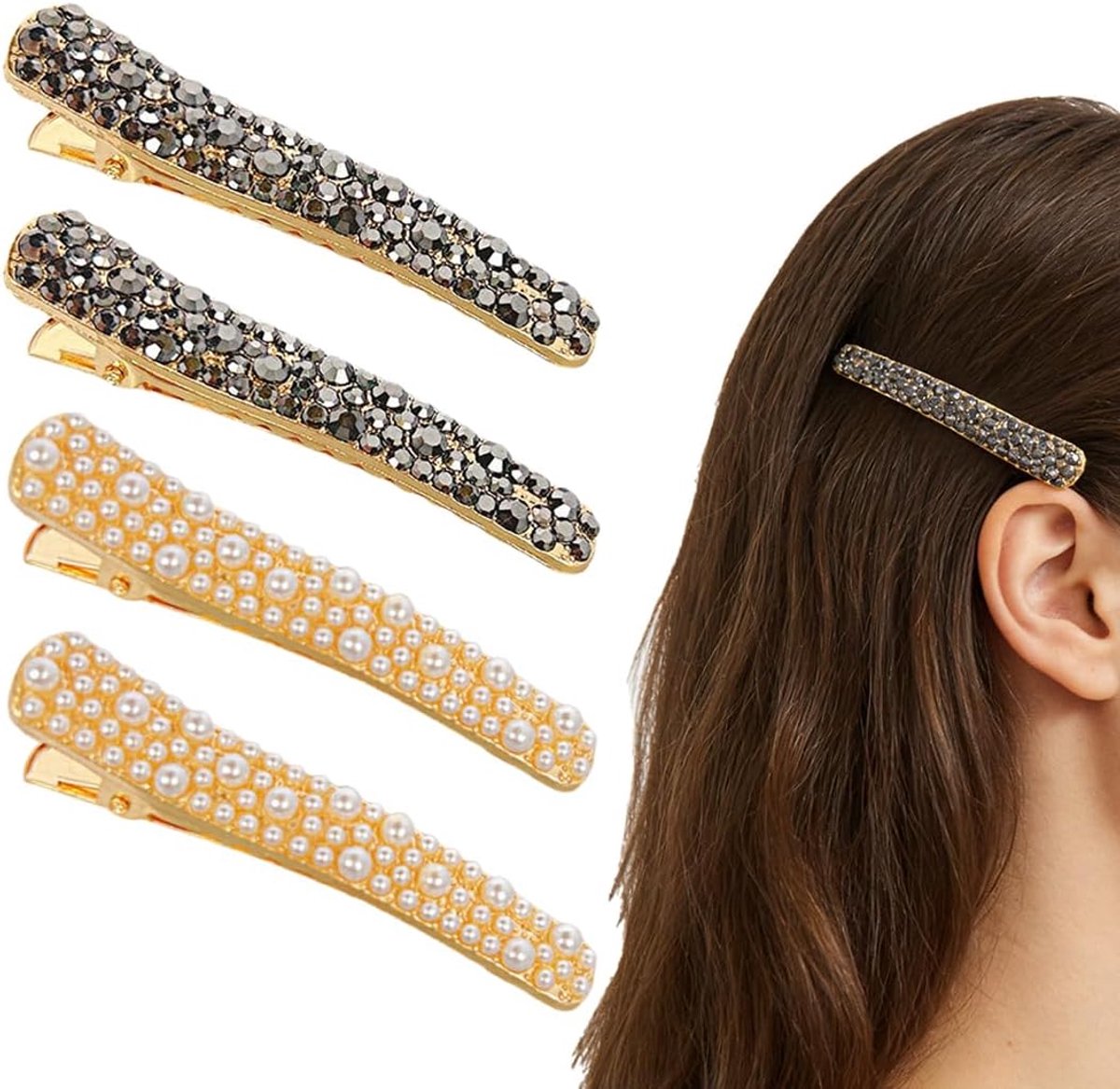 SnelShoppen - Haarspelden met Strass, 4 Stuks, Elegante Metalen Haarspelden voor Dames en Meisjes, Geschikt voor Diverse Kapsels, Zwart en Wit