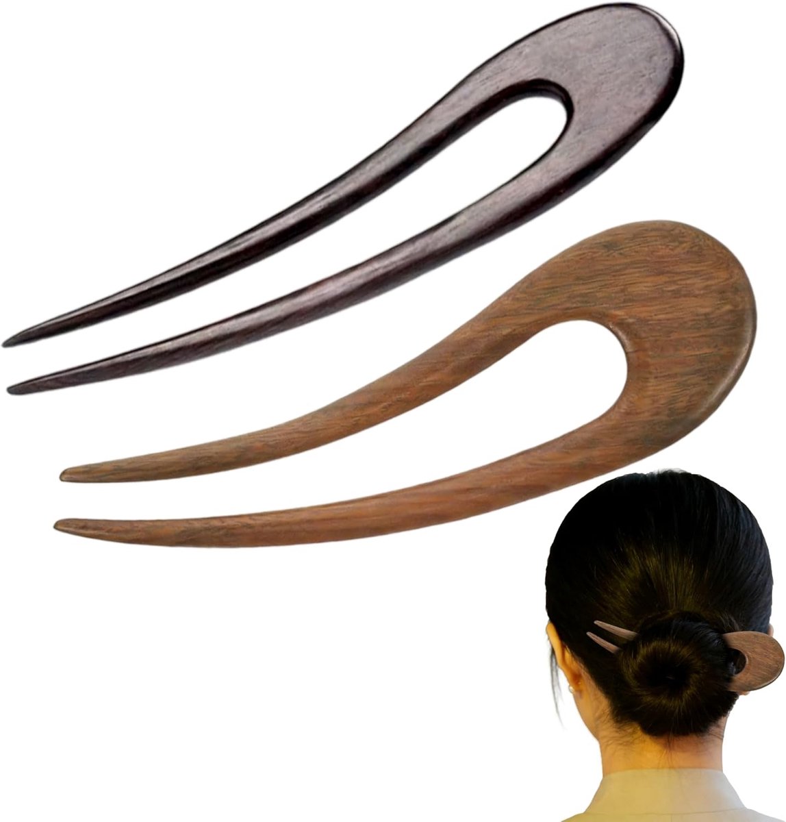 SnelShoppen - 2 Stuks U-vormige Haarspelden, 15,5 cm Franse Stijl Houten Haarspelden, Simpele Houten Haaraccessoires voor Meisjes en Vrouwen, Perfect