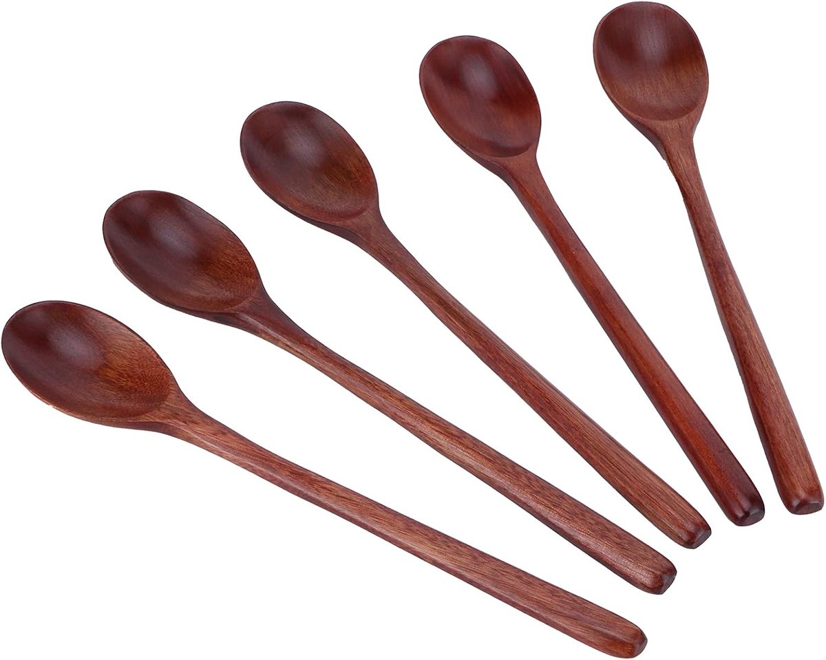 SnelShoppen - Houten Lepel Set van 5 Stuks, Herbruikbare Japanse Lepels met Lange Handgreep, Ideaal voor Dagelijks Gebruik, Picknick, School en Kantoo