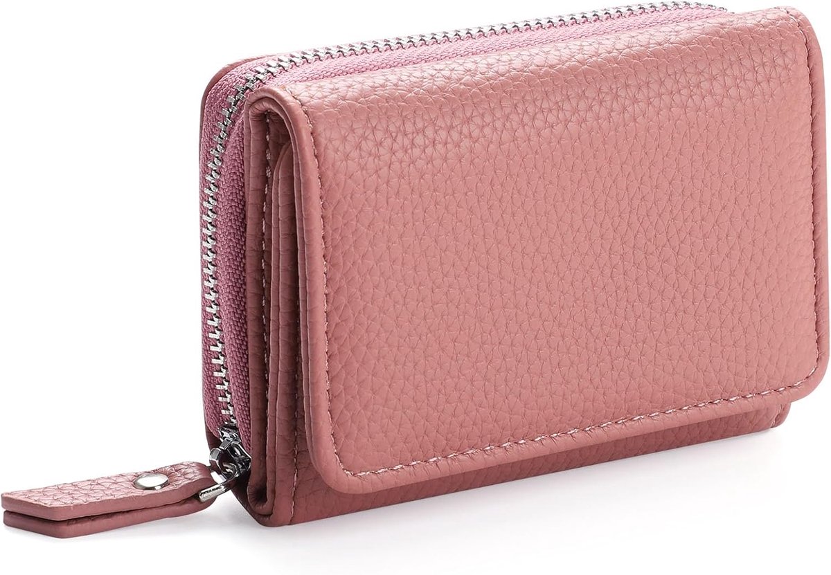 SnelShoppen - Dames Portemonnee Klein Leer Met Rits Muntzak en Kaartsleuven, Donker Roze-B, Modern, Compact voor Dagelijks Gebruik