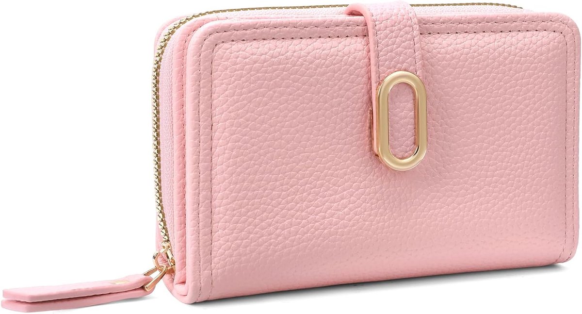 SnelShoppen - Dames kleine portemonnee met rits, RFID bescherming, zacht leer, portemonnee met muntvak, drukknoop rits en veel vakken, A04 Licht Roze
