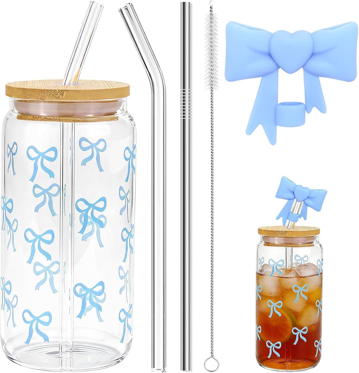 UGBO Drinking Glasses with Lid and Straw, Glass Tumbler 40ml Bubble Tea Cup Iced Coffee Glasses Bow Glass Cup Drinking - ShopVlot