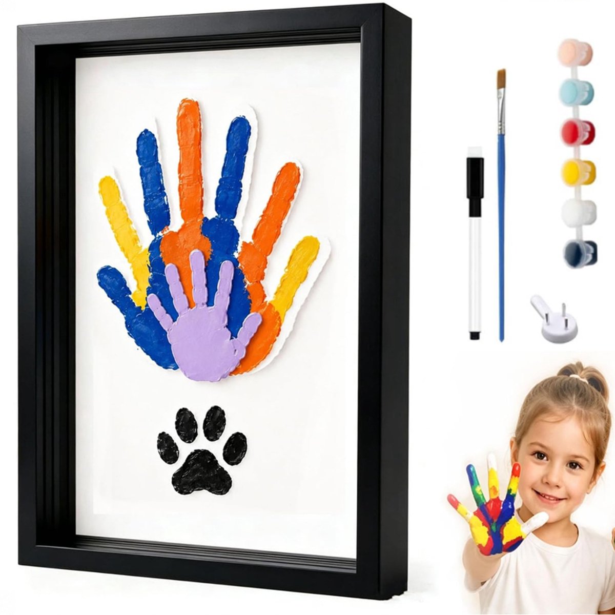 Handafdrukset - DIY familie handafdrukset met houten fotolijst - Herinneringscadeau voor ouders en baby - Voor Moederdag, Vaderdag en als kraamcadeau - 22,5 x 31,4 x 4 cm - Zwart
