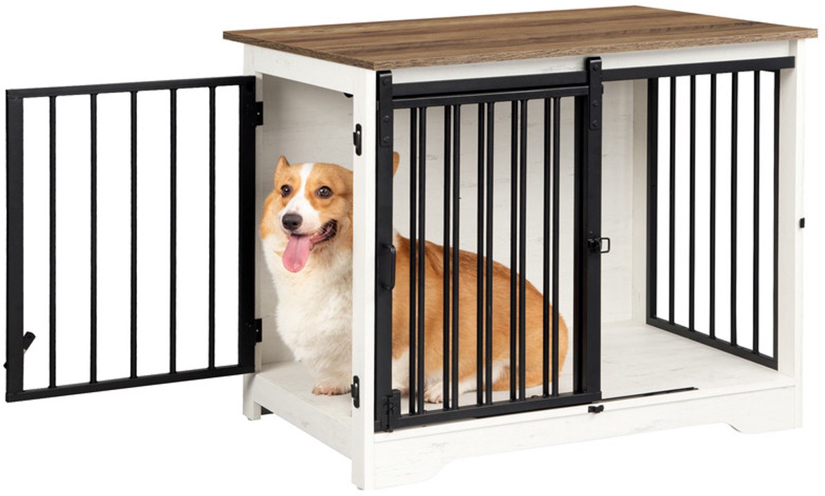 Hzuaneri 81cm Hondenbench, meubel, hondenbox, 2 deuren, modern hondenhok voor kleine, middelgrote honden, bijzettafel, hondenhuis voor thuis, 55x81x67,5 cm, Wit en Bruin
