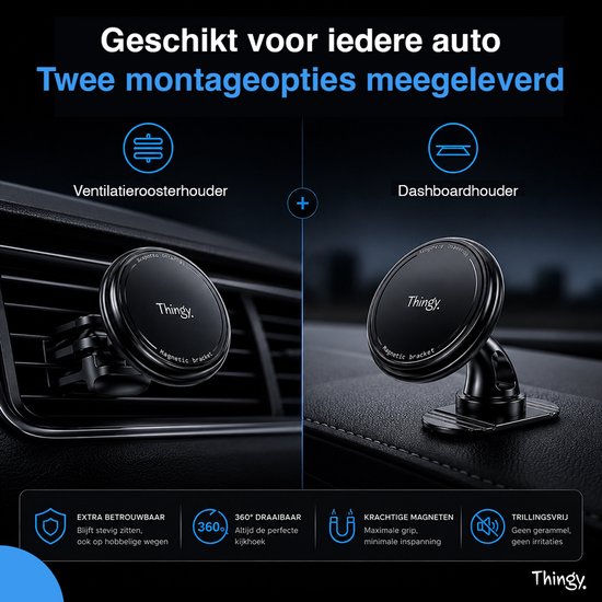 Twee montageopties voor de Thingy autohouder: clip voor ventilatierooster en houder voor dashboard.