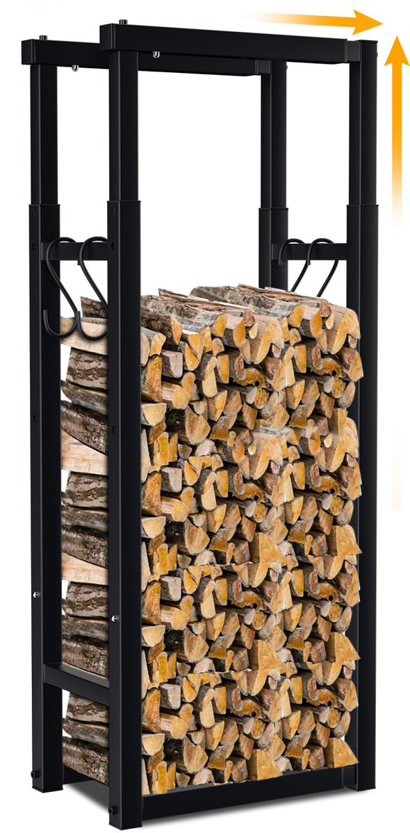 Verstelbaar brandhoutrek van metaal met 4 haken, lengte 40/53/65 cm, hoogte 100/125/150 cm en breedte 25 cm voor open haard, houtkachel en nette