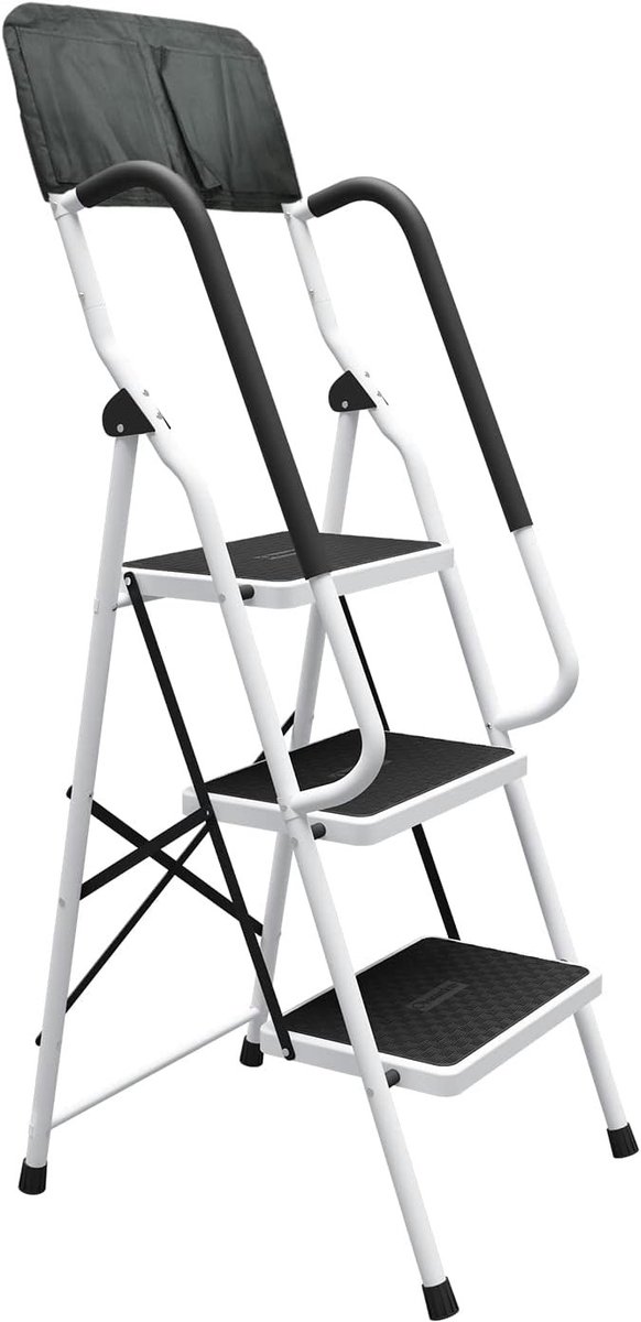 Vouwtrap - Zwart - 3-Traps Trap - Stalen Huishoudtrap met Antislip en Veiligheidsleuning - Voor Binnen en Buiten