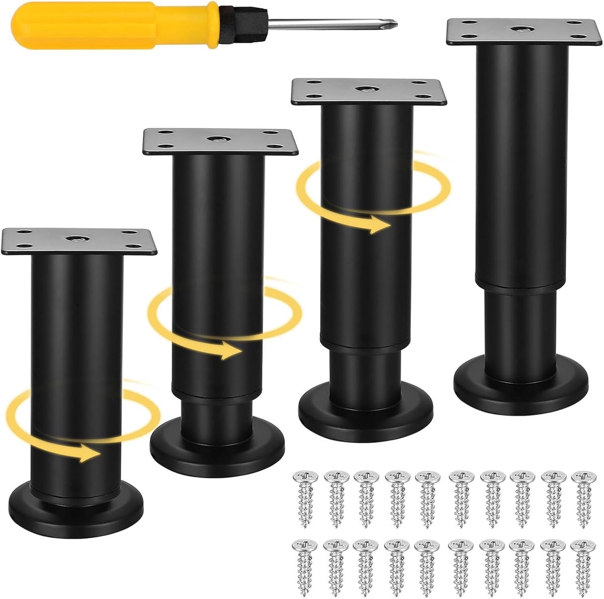 SnelShoppen - Set van 4 verstelbare meubelpoten, 12-18 cm, inclusief Philips schroevendraaier, stevige roestvrijstalen poten voor bank, bed, tafel, ho