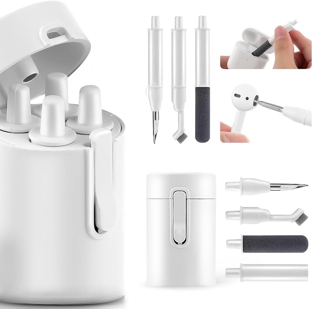 SnelShoppen - 5-in-1 Schoonmaakset Voor Bluetooth Hoofdtelefoons, Multifunctionele Reinigingspen met Flock Spons, Borstel, Schoonmaakpen, Tas en Uitsc